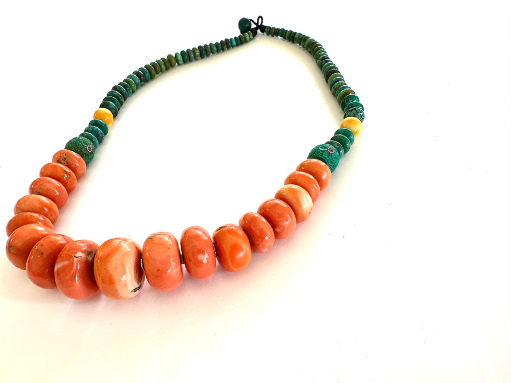 Old Tibetan coral with carved flowers Turquoise Hematite beads.