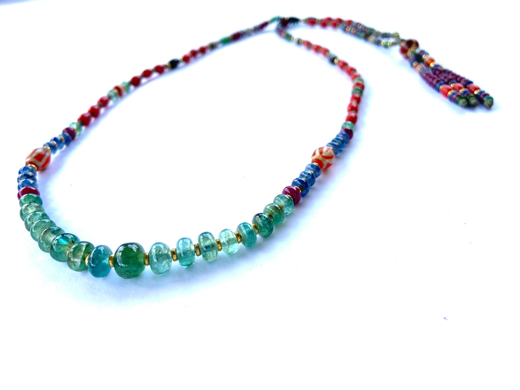Gold Emerald Necklace with red coral ,old agate beads.