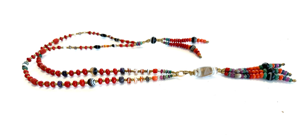 Gold Necklace with old agate and red coral beads.