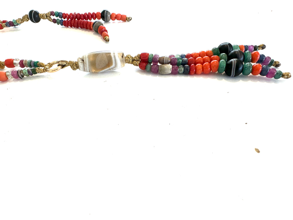 Gold Necklace with old agate and red coral beads.