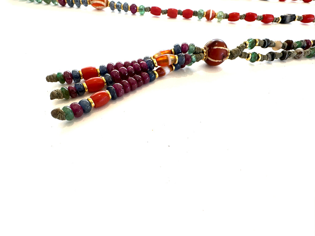 Gold Emerald Necklace with red coral ,old agate beads.