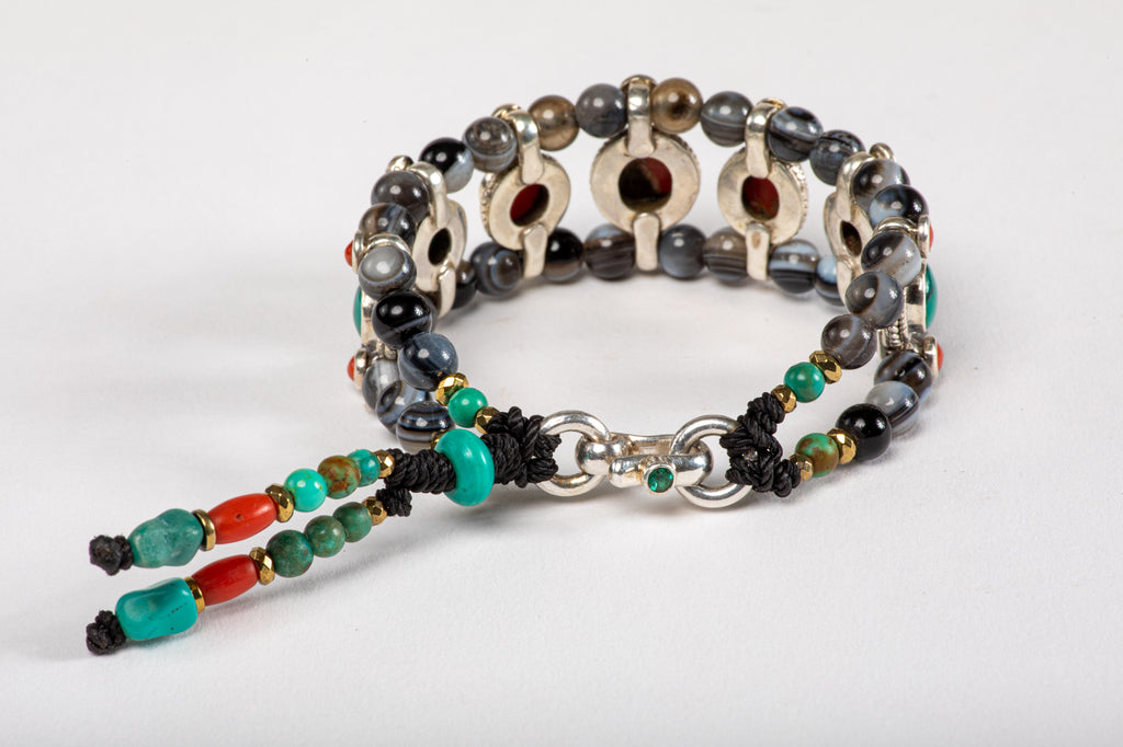 Red coral & Turquoise Setting Bracelet  with Agate