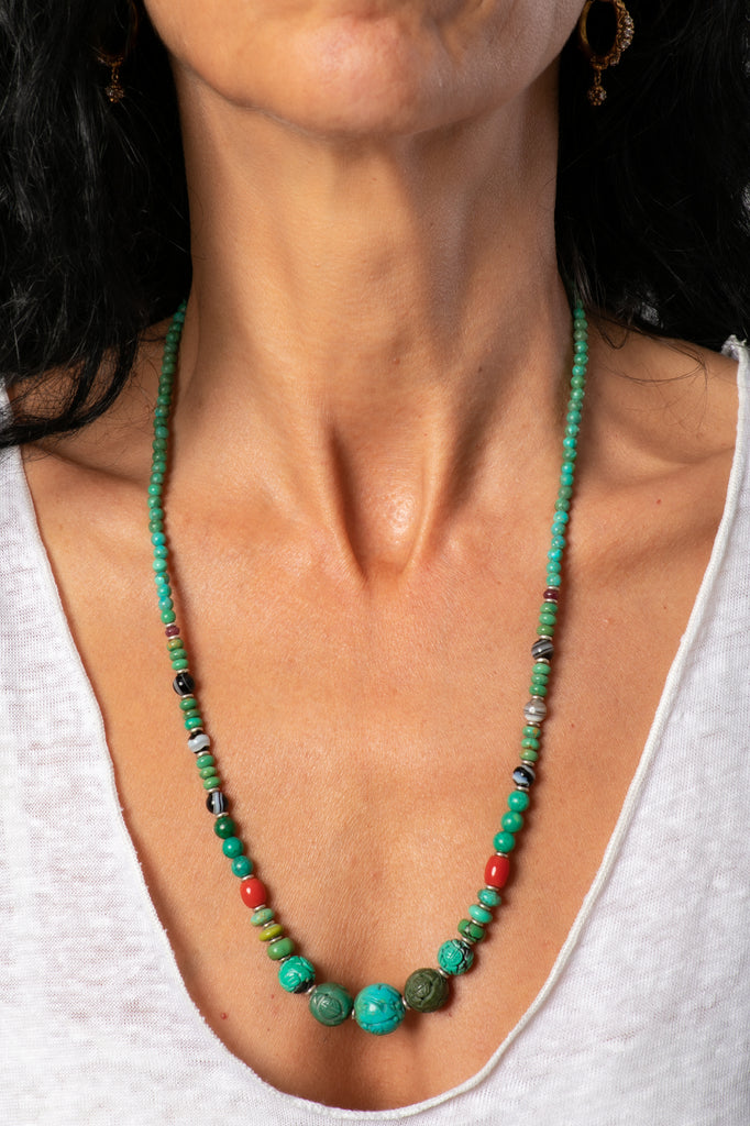 Carved turquoise tassel mala necklace