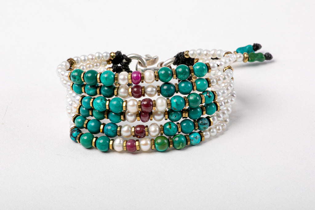 Six Strings Royal Bracelet Turquoise, Ruby, Pearl NAHUM BENYAMIN