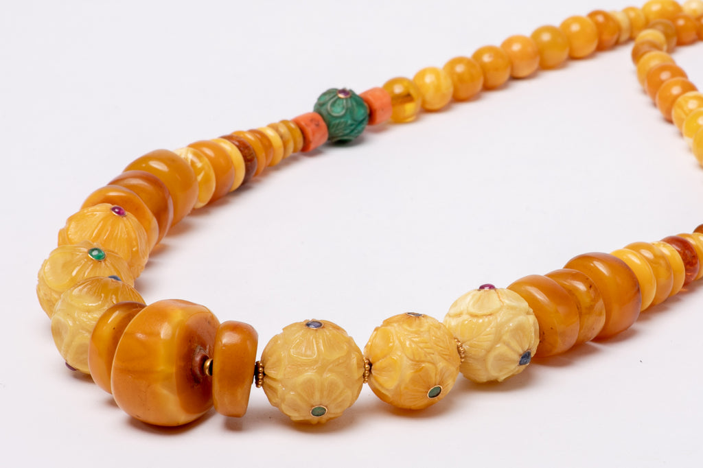 Ancient Tibetan amber carved flowers with gold beads