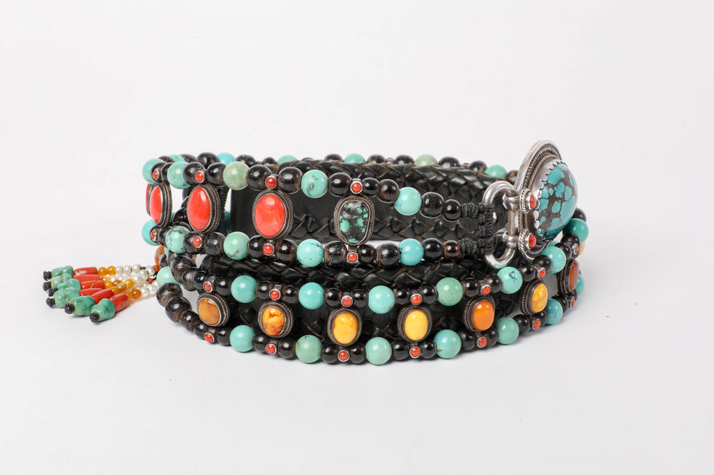 Luxurious coral amber turquoise beaded belt
