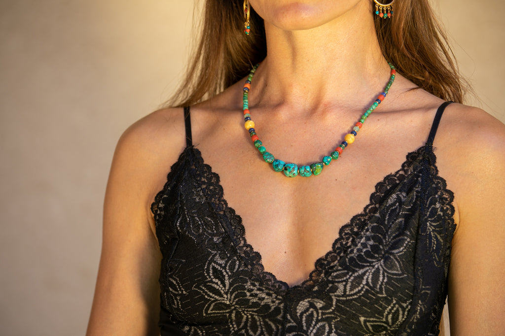 Gold beads-gemstone mala necklace