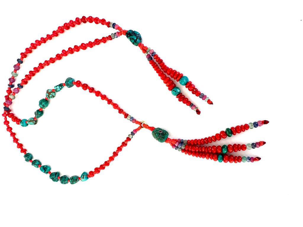 Long Red coral Mala necklace with Tassle