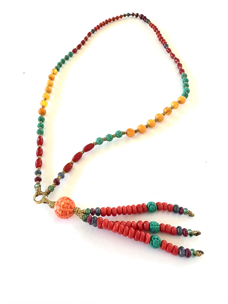 Tassel mala Necklace red coral beads.