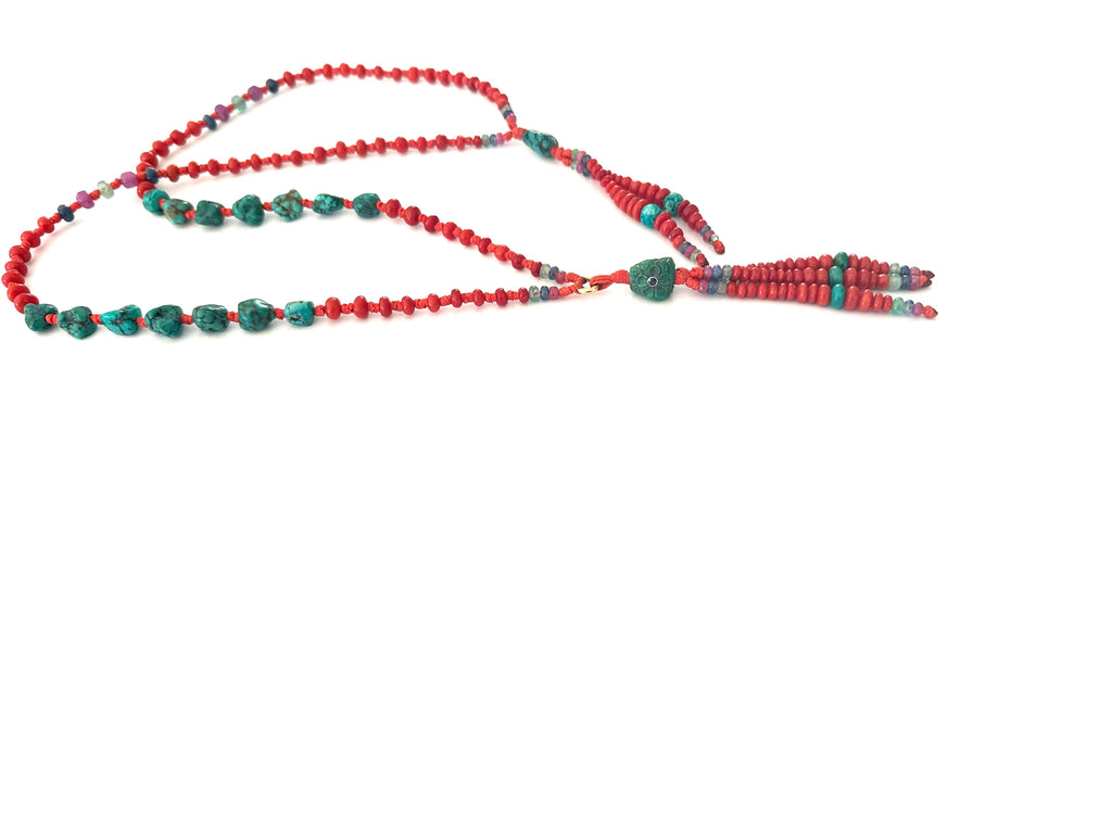 Long Red coral Mala necklace with Tassle