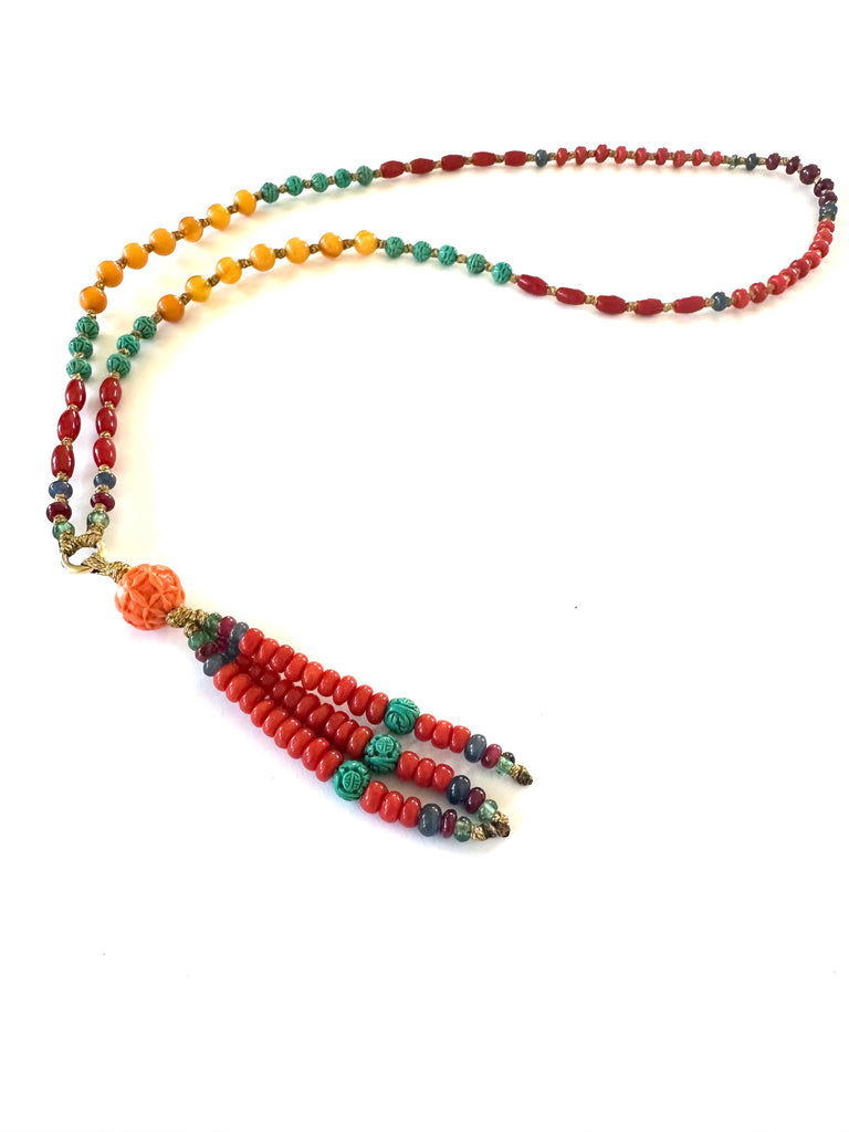 Tassel mala Necklace red coral beads.