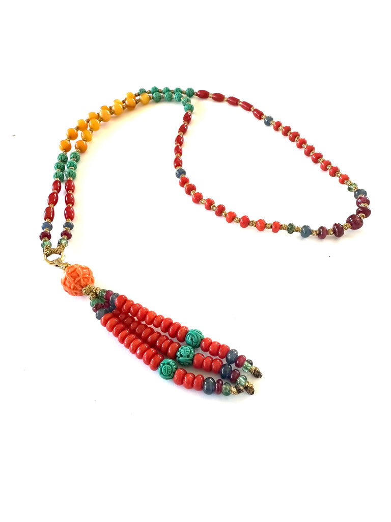 Tassel mala Necklace red coral beads.