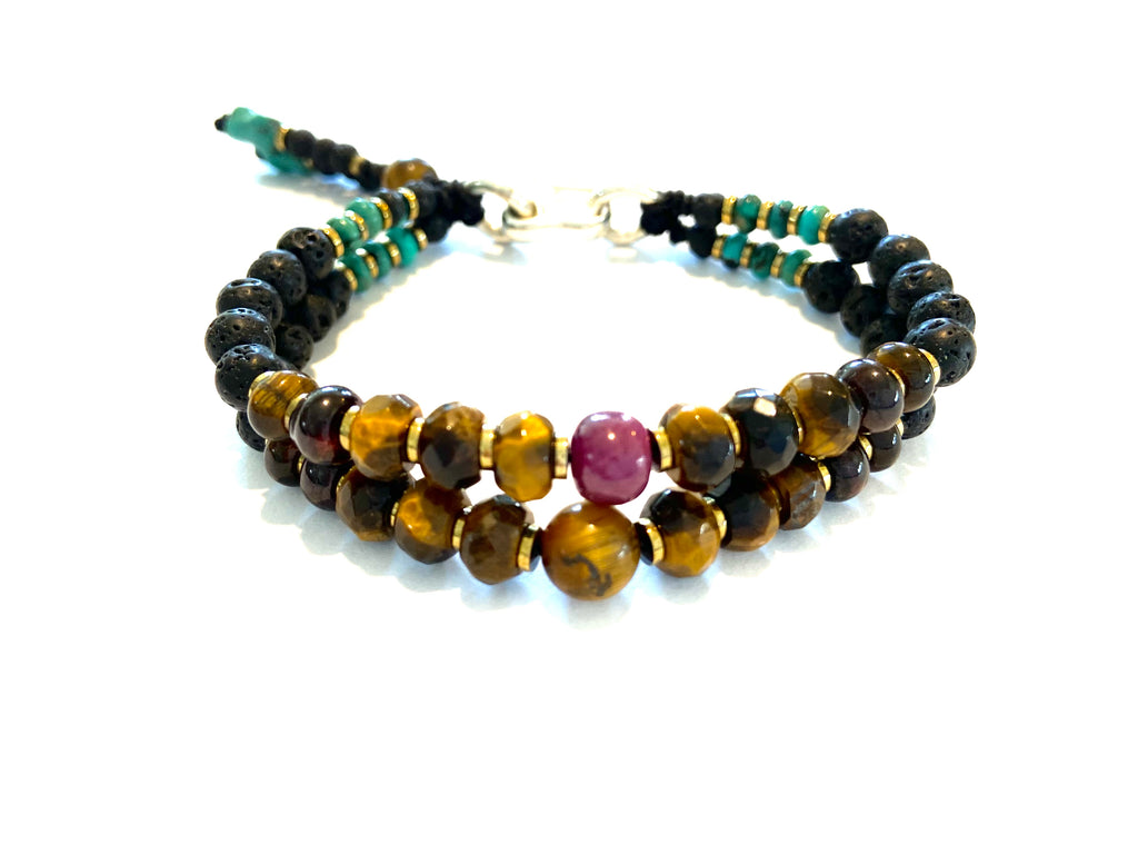 Tiger eye beads Bracelet  Ruby ,lava and turquoise