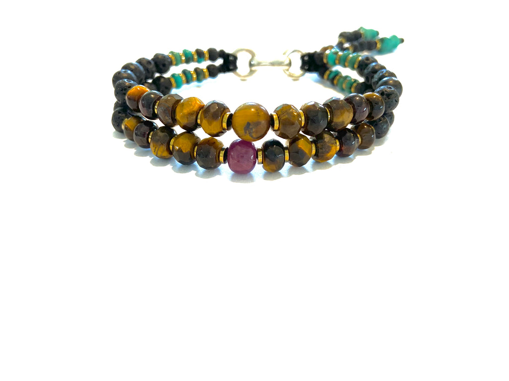 Tiger eye beads Bracelet  Ruby ,lava and turquoise