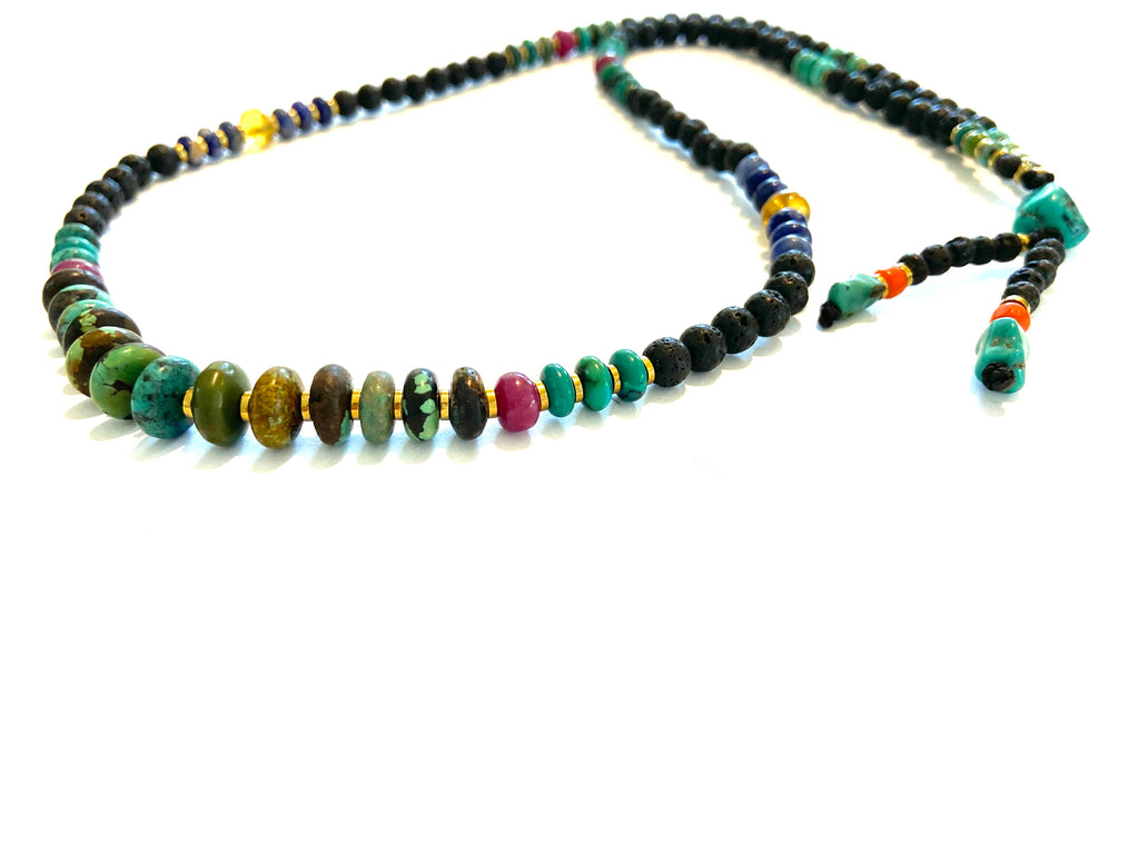 Long Lava Mala necklace with Turquoise center,Ruby and Tassle