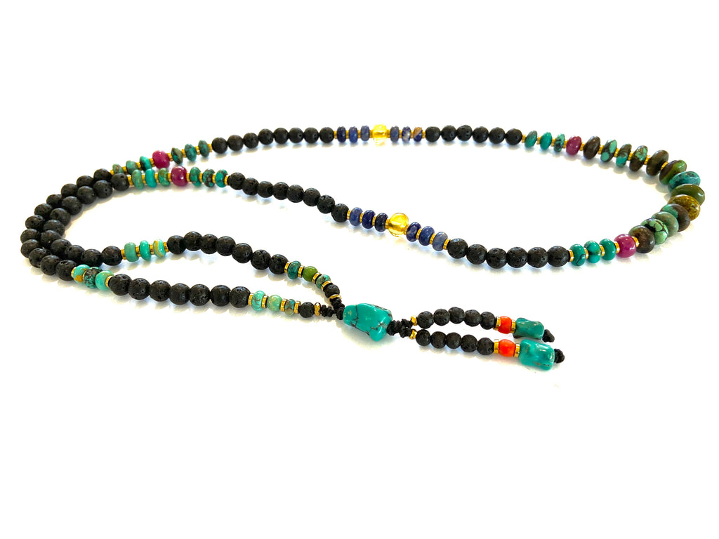 Long Lava Mala necklace with Turquoise center,Ruby and Tassle