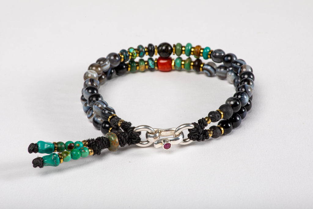 Black agate beads Bracelet - Red Coral, Turquoise