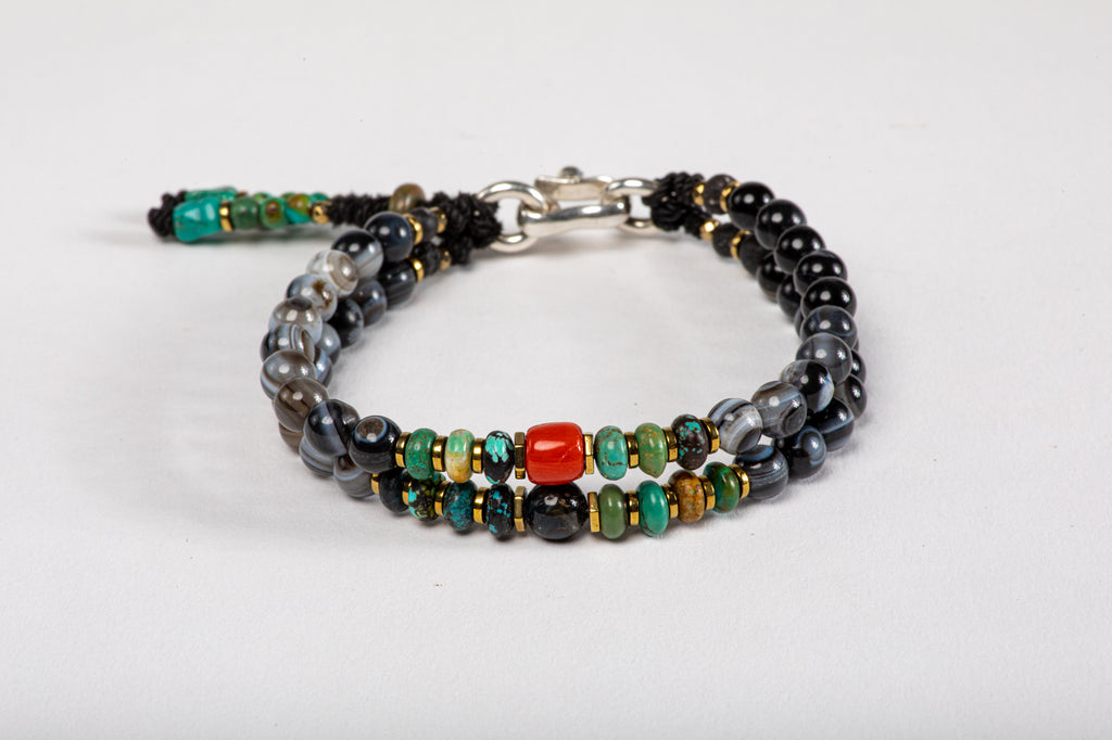 Black agate beads Bracelet - Red Coral, Turquoise