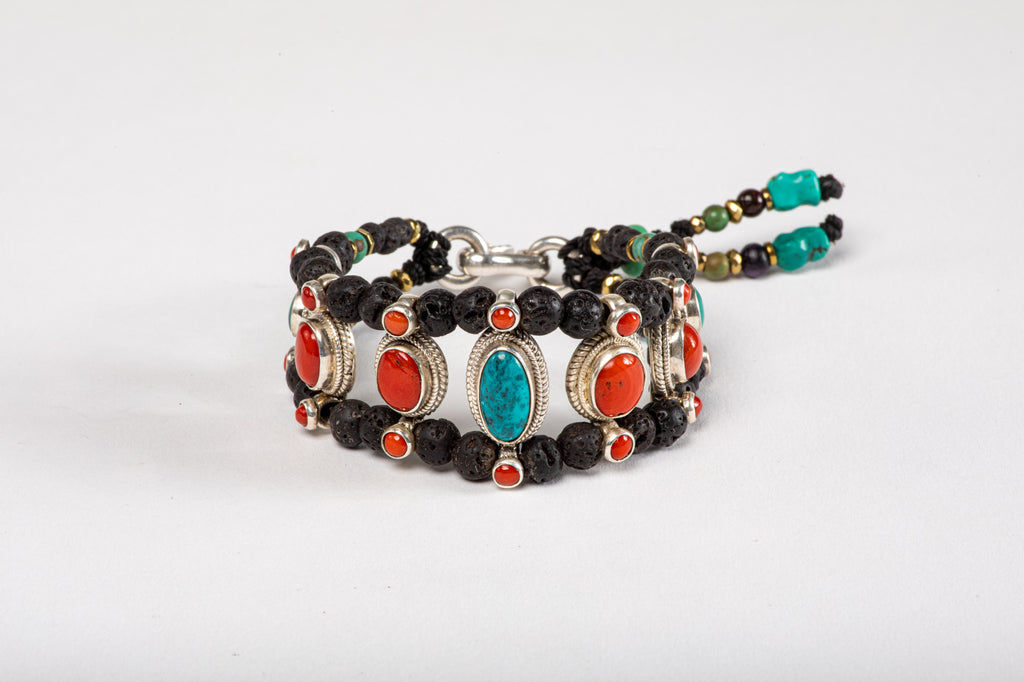 Red coral & Turquoise Setting Bracelet  with Lava