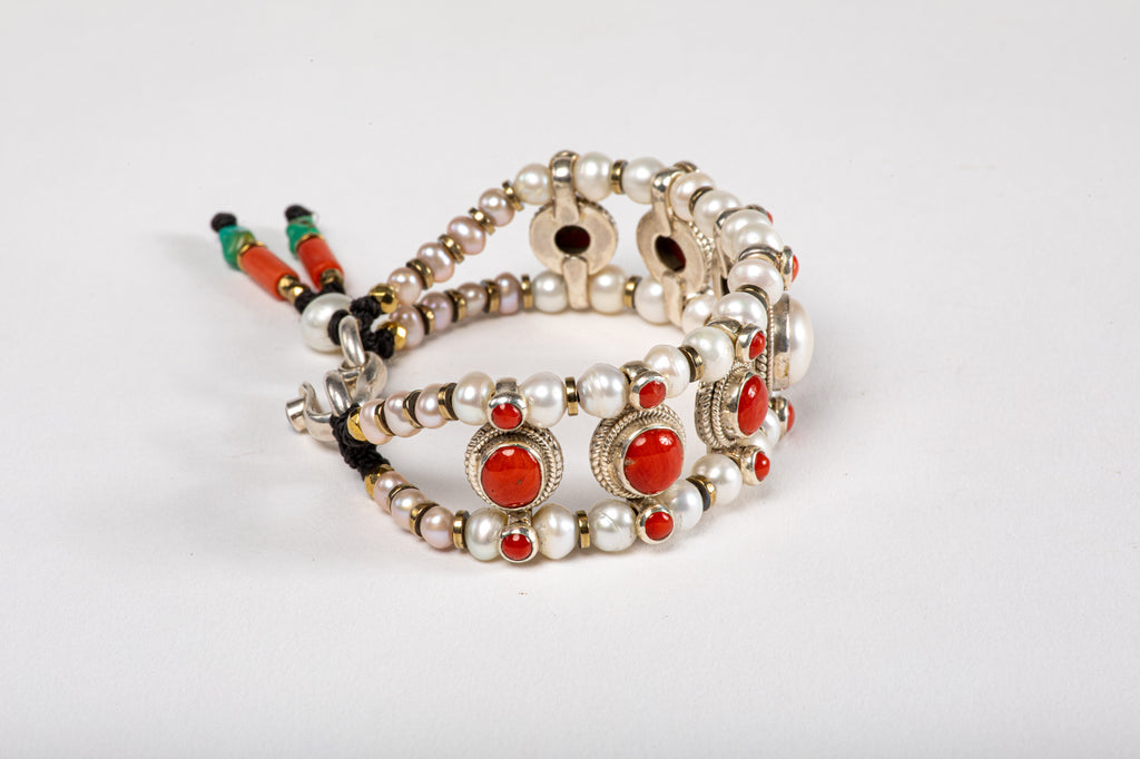 Red coral & Pearl Setting Bracelet  with Pearl