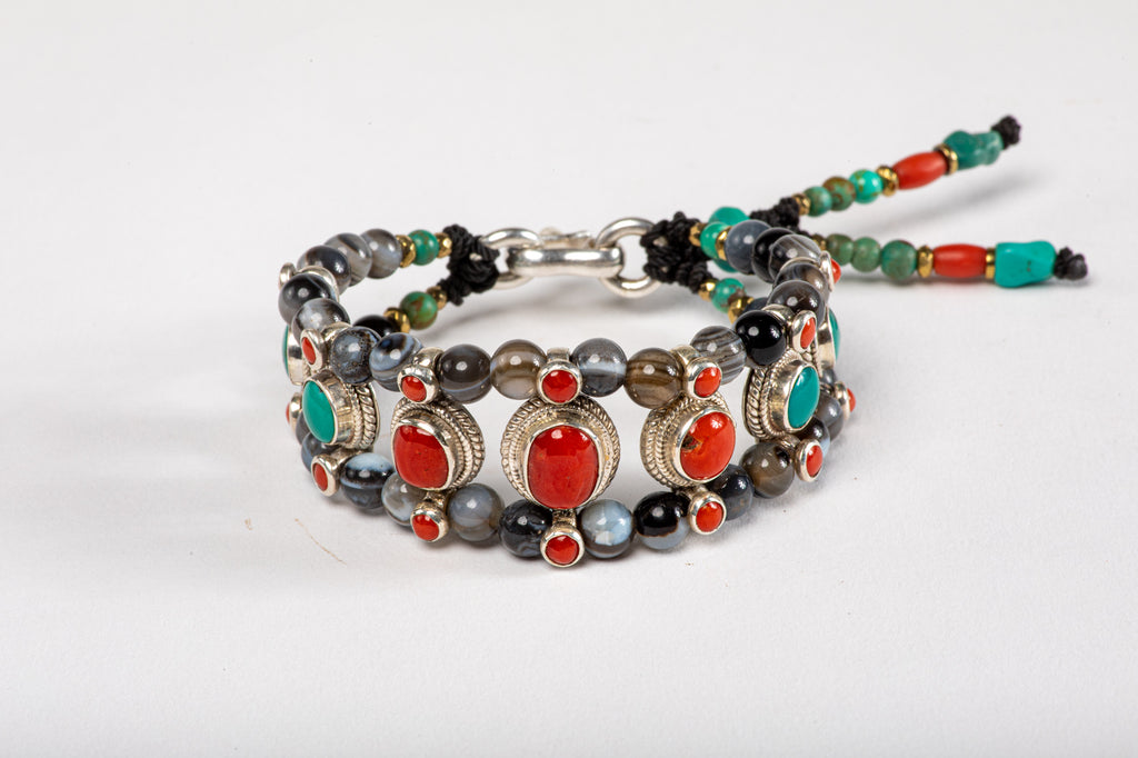 Red coral & Turquoise Setting Bracelet  with Agate