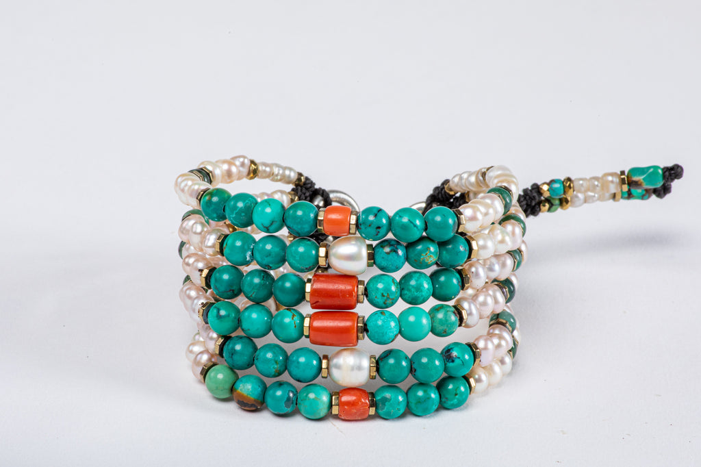 Six strings Royal Bracelet  - Coral, Turquoise, Pearl