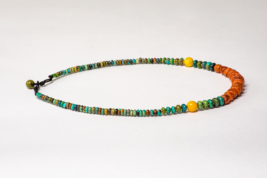 Turquoise necklace with antique Tibetan Coral center