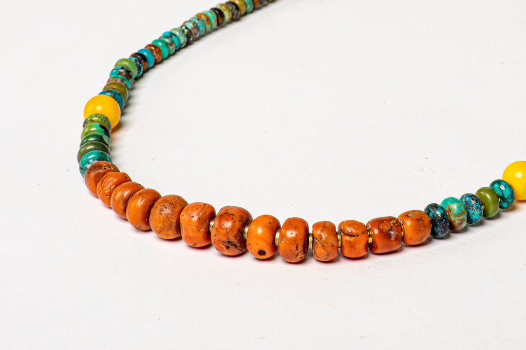 Turquoise necklace with antique Tibetan Coral center