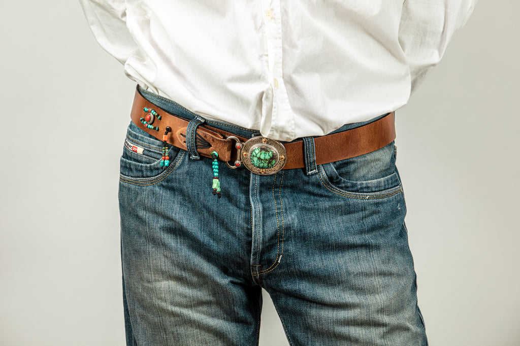 Brown leather belt  with Tibetean Turqouise buckle