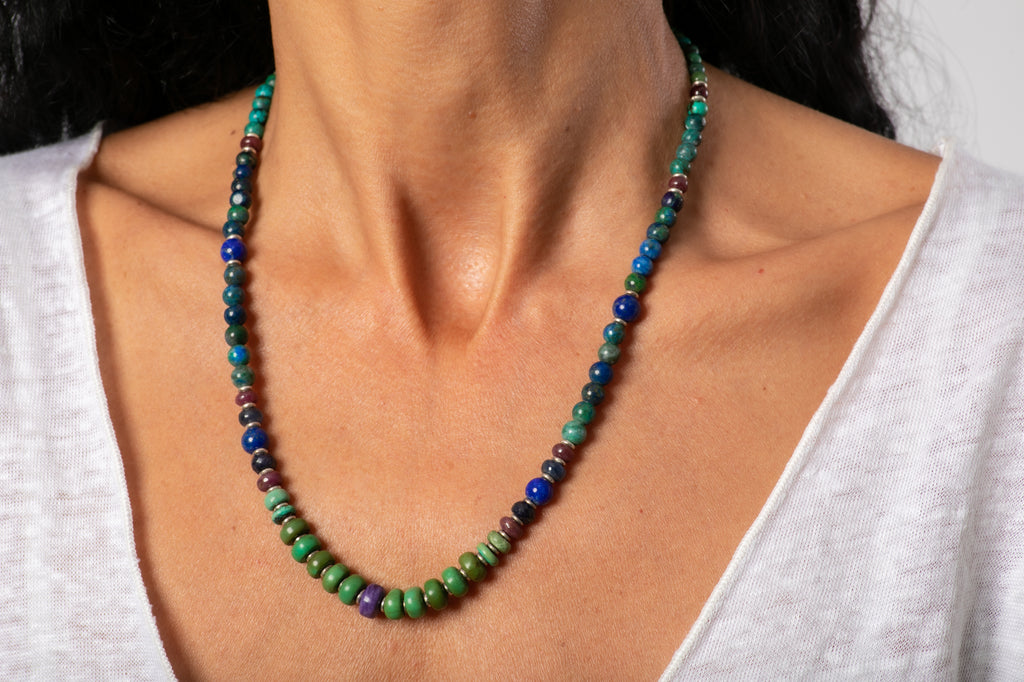 Turquoise necklace with Sujilite, Lapis Lazuli and Rubi stones