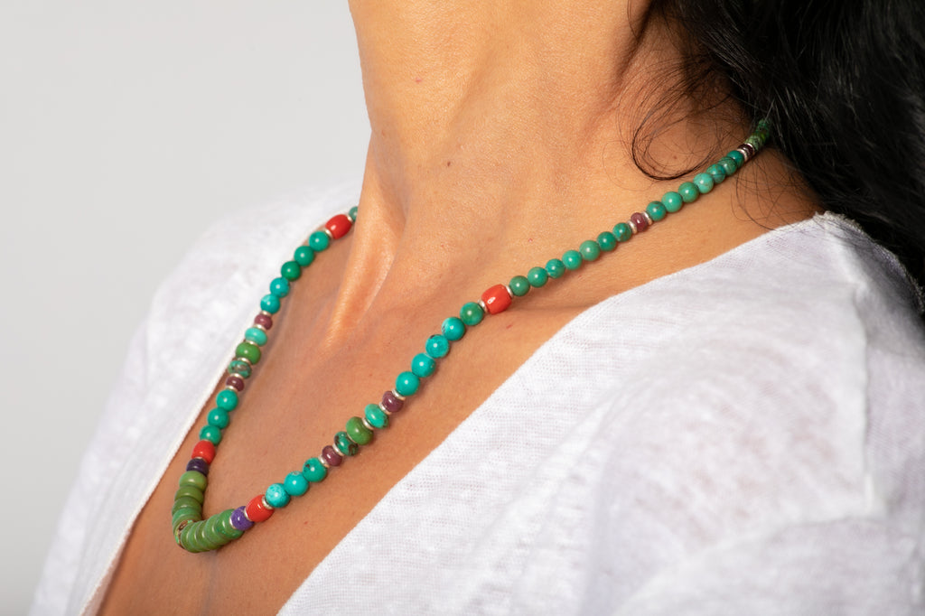 Turquoise necklace with antique coral beads and silver