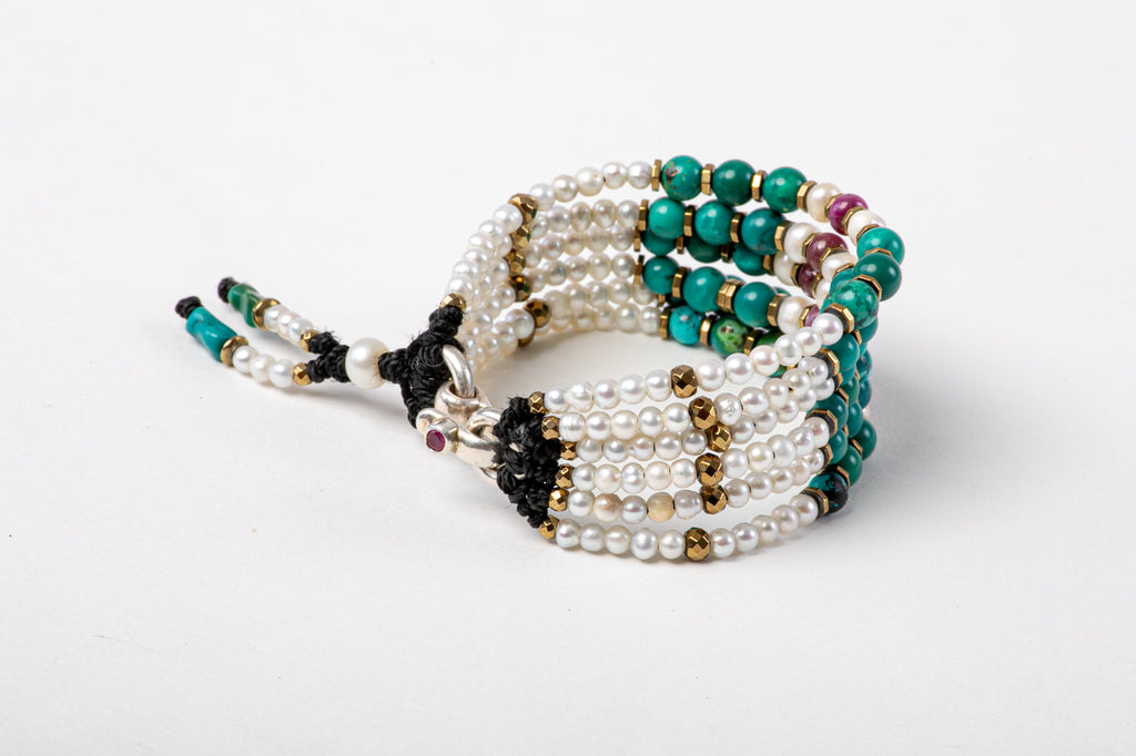 Six Strings Royal Bracelet‏ - Turquoise, Ruby, Pearl