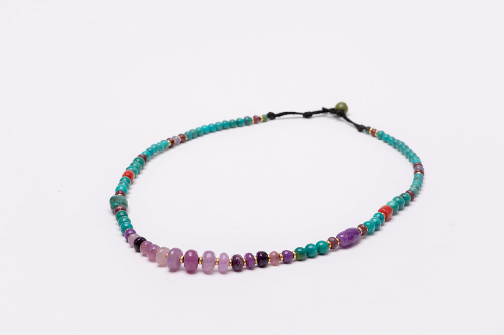 Asymmetrical gemstone mala necklace with gold beads