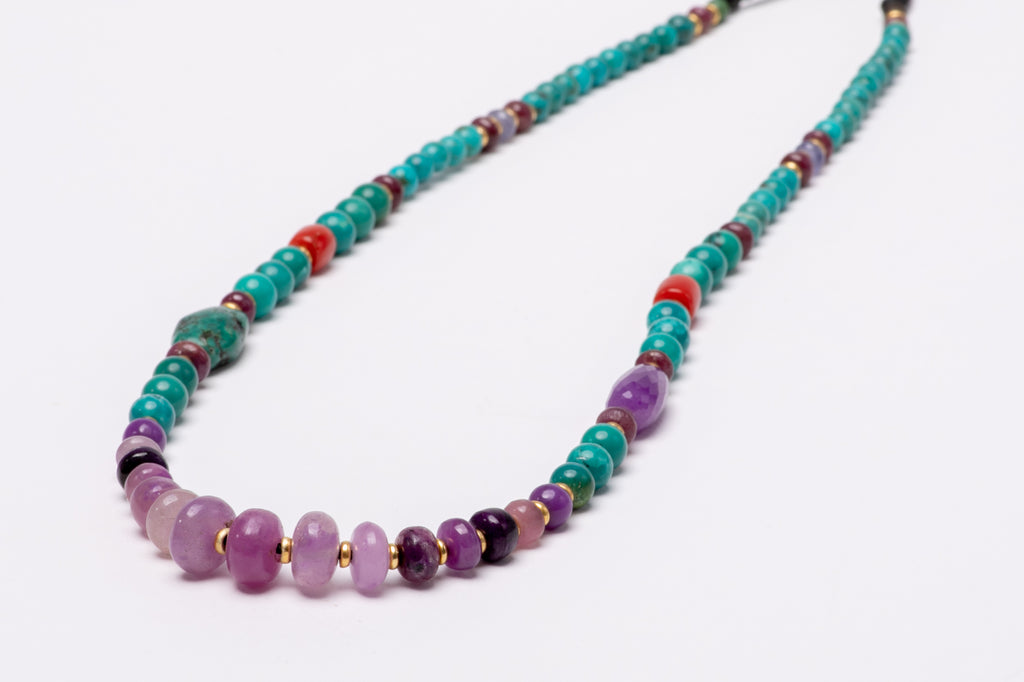 Asymmetrical gemstone mala necklace with gold beads