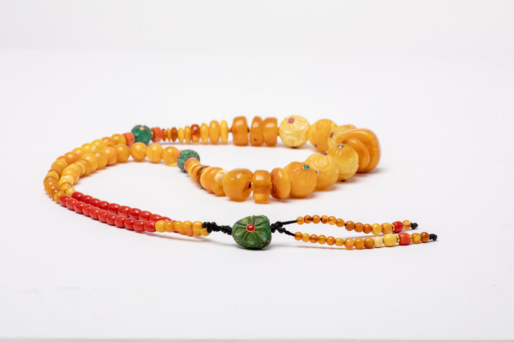 Ancient Tibetan amber carved flowers with gold beads