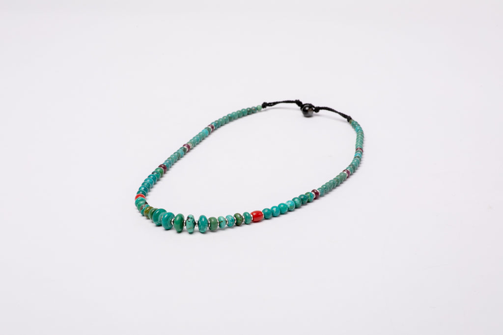 Turquoise necklace with red Coral and Ruby