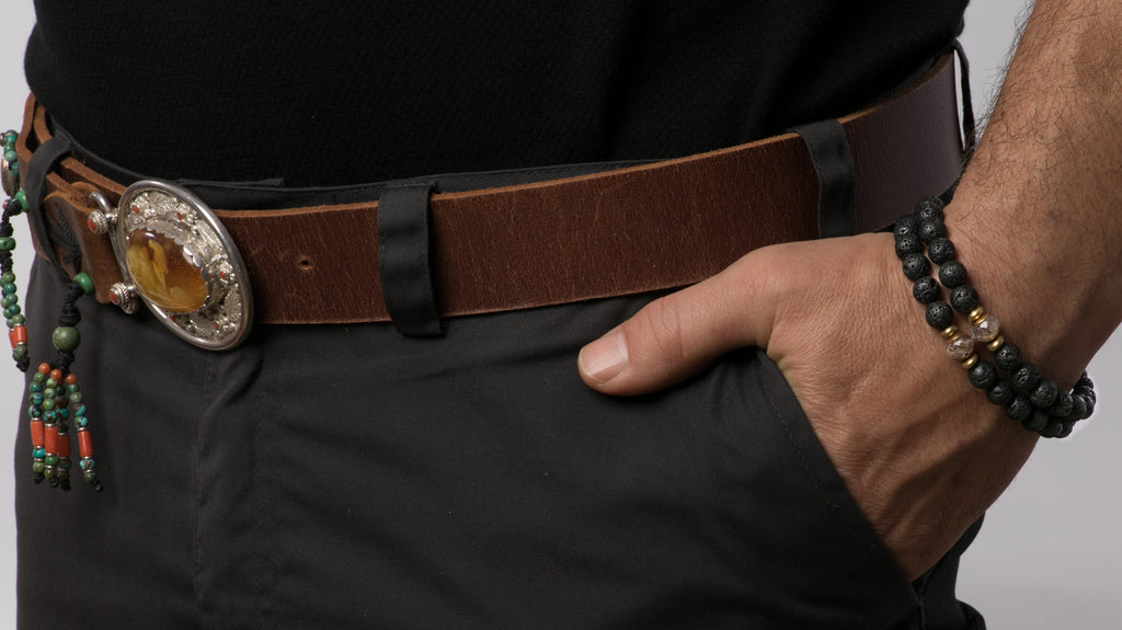 Brown leather belt with Amber stone buckle
