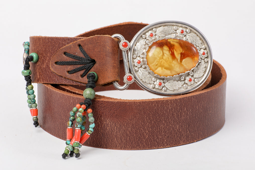 Brown leather belt with Amber stone buckle