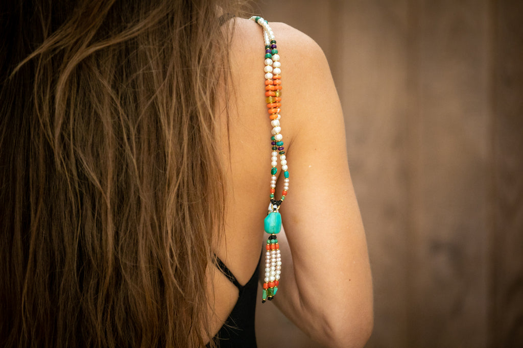 Tassel mala necklace with gold beads