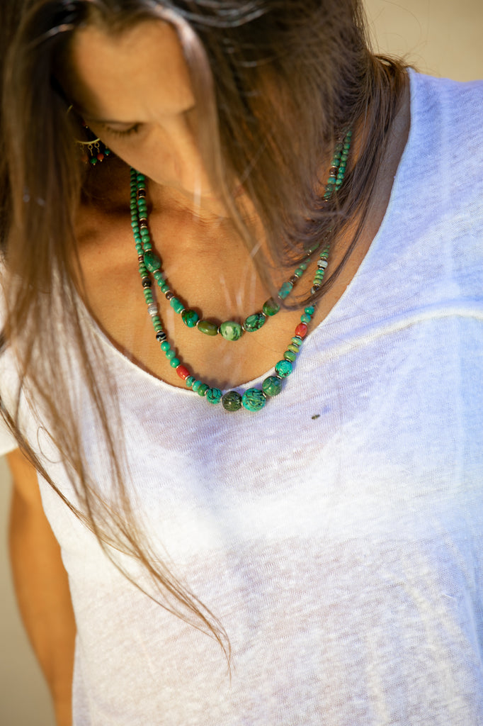 Carved turquoise tassel mala necklace