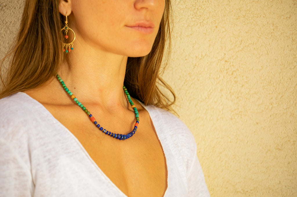 Lapis lazuli mala necklace with hematite beads