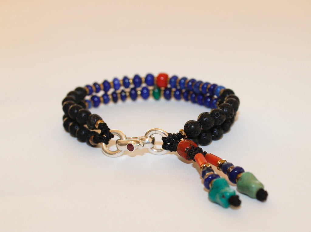Lava beads Bracelet - Lapis Lazuli, Red coral